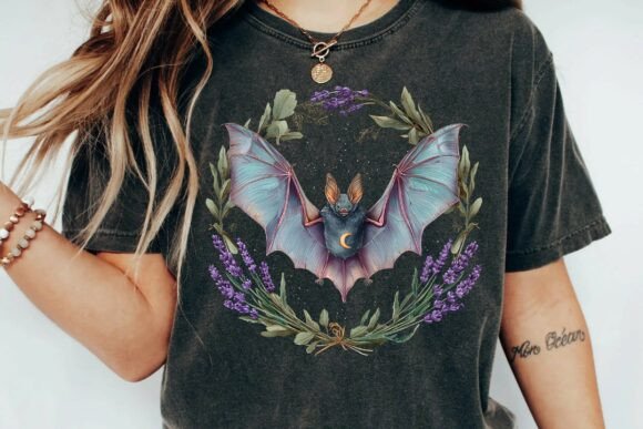 Download Mystical Bat with Crescent Moon and Lavender Floral Wreath Gothic Illustration Png - Premium Resources